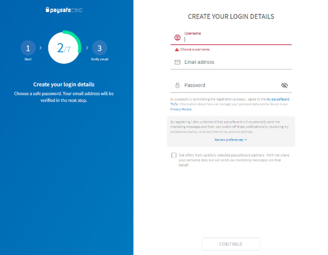 Paysafe Create your login details